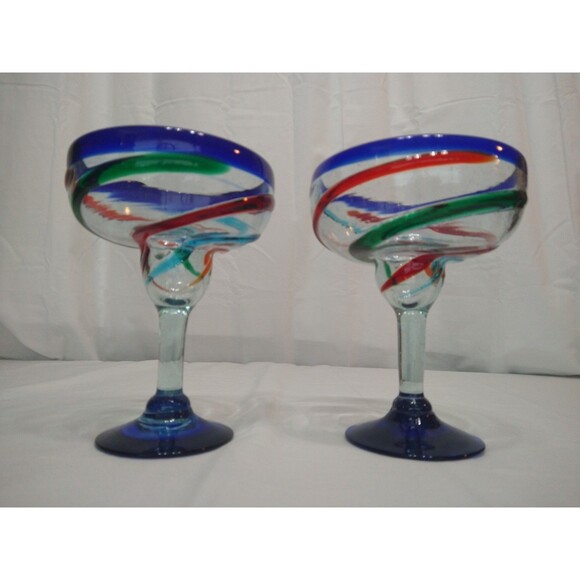Set of 2 Hand Blown Art Margarita Cocktail Glasses Blue Red Green Swirl Thick - Picture 7 of 9